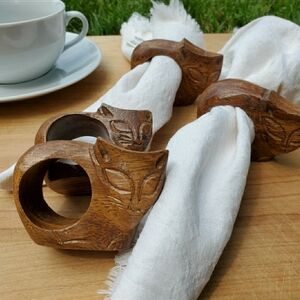 Hand Carved Wooden Cats Napkin Rings set of 4